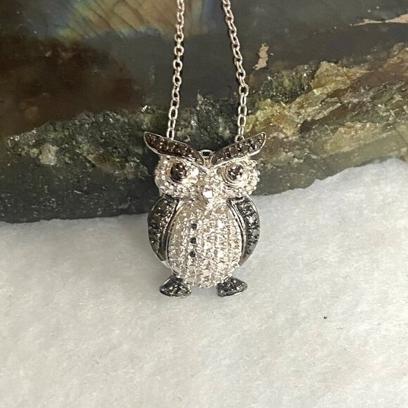 Sterling Silver 925 Black White Owl Single Diamond Pendant Necklace 18" Chain - Picture 6 of 16